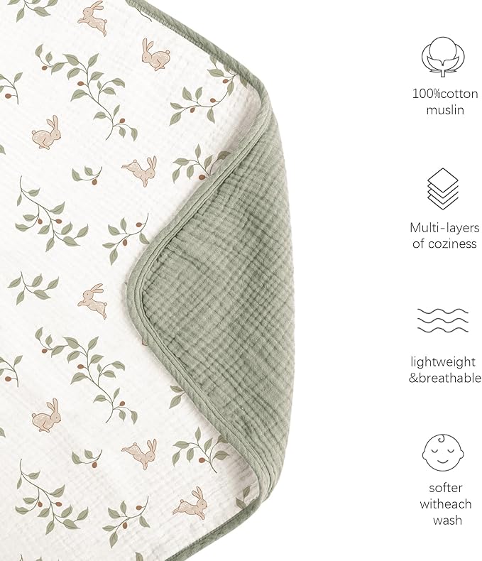Konssy Muslin Baby Blankets for Girls Boys, 100% Cotton Crib Blanket for Baby Infant Toddler, Super Soft and Lightweight Nursery Blankets 40"x36"(Rabbit