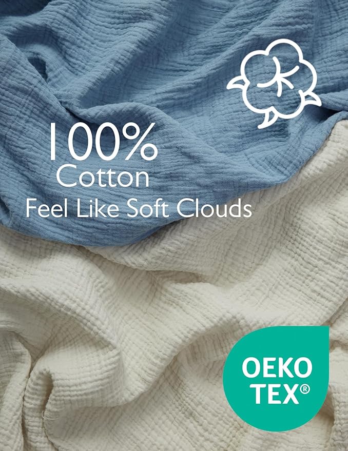 Momcozy Muslin Fitted Mini Crib Sheets, 38"x26", 2 Pack Soft Breathable Natural Cotton Baby Mattress Sheet, 360° Mattress Wrapping No Slip Boys Girls Neutral Toddler Bed Sheet, Grey Blue