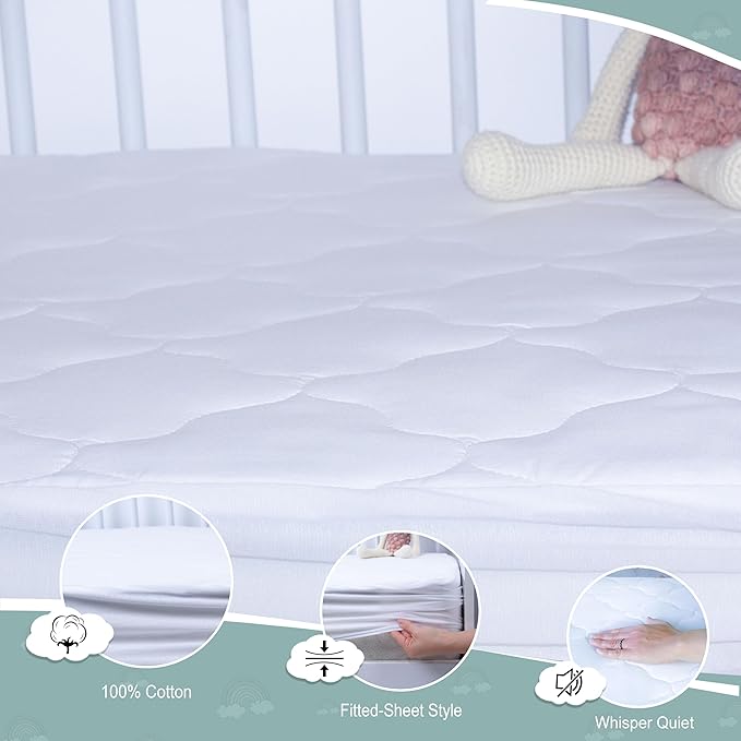 SavaKids 100% Natural Cotton Waterproof Crib Mattress Protector Sheet - Breathable, Fitted Pad for Babies & Toddlers, Ultra Soft & Noiseless (White)