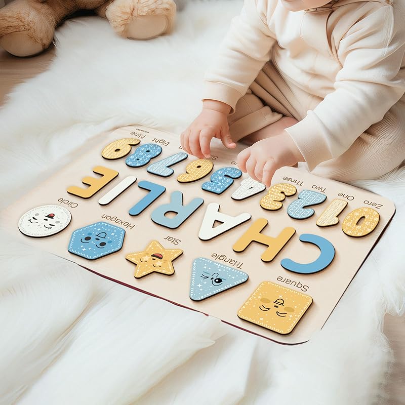 Personalized Wooden Name Puzzle with Numbers and Shapes, Custom Gift for Baby, 1st Christmas Gift, Newborn Gift, Baby Shower, 1st Birthday, Educational Toys for Toddlers, Preschool Puzzle for Kids