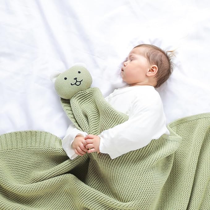 LAWKUL Baby Blanket Bear Lovey Soft Plush Security Blanket for Newborns Infants Boy Girl Knit Snuggle Comfort Green 40x30in