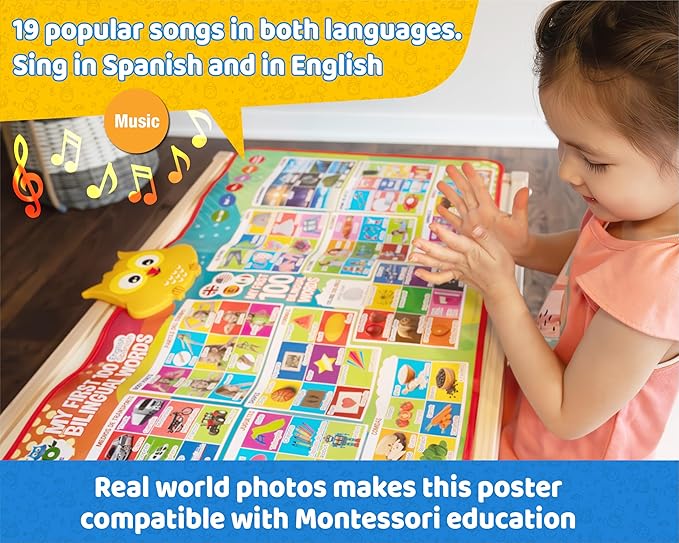 First 100 Words Bilingual Electronic Alphabet Poster – Interactive Learning Chart for Kids | 100 First Words in English & Spanish | Educational Talking Wall Poster