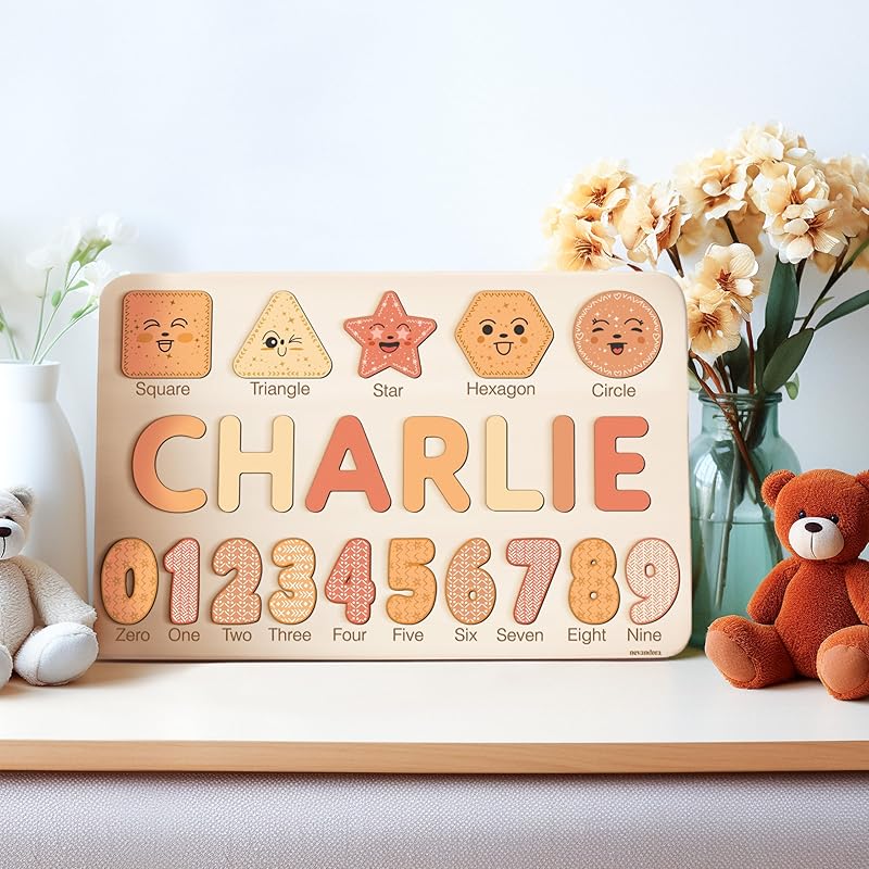 Personalized Wooden Name Puzzle with Numbers and Shapes, Custom Gift for Baby, 1st Christmas Gift, Newborn Gift, Baby Shower, 1st Birthday, Educational Toys for Toddlers, Preschool Puzzle for Kids