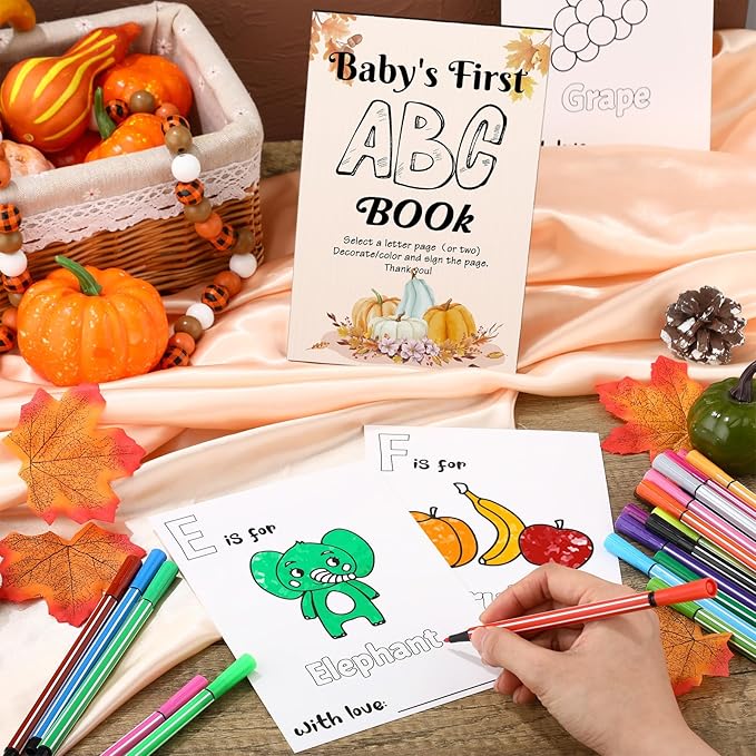 Geelin 51 Pcs Fun Baby Shower Game Activities First Abc Book Sign Coloring Game Card 26 Alphabet a to Z Coloring Card with 24 Watercolor Pen Storage Bag for Baby Shower Party(Autumn)