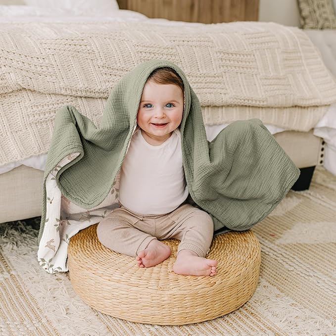 Konssy Muslin Baby Blankets for Girls Boys, 100% Cotton Crib Blanket for Baby Infant Toddler, Super Soft and Lightweight Nursery Blankets 40"x36"(Rabbit