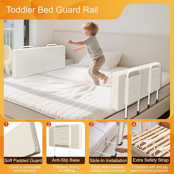 Bed Rail for Toddlers, Adjustable Baby Bed Rail Guard for Twin and Full Size Beds, Bed Safety Rails for Children with Non-Slip Base, Removable Washable Cover, Easy Installation (4 Pack)