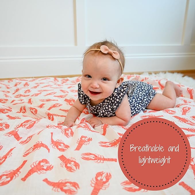 LollyBanks Muslin Swaddle Blankets for Boys and Girls, 100% Cotton Baby Blanket, Large 47 x 47 Inches Breathable Swaddles for Newborn, Gender Neutral Baby Swaddle Blanket, Registry (Lobster Print)