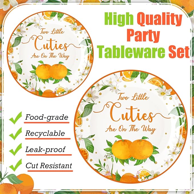 Zhehao 96 Pcs Twins Baby Shower Decorations Supplies Twins Cuties Baby Shower Tableware Set Eucalyptus Leaf Orange Strawberry Themed Plates Napkins Forks for 24 Guests(Orange)
