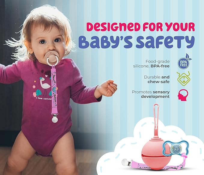 Pacifier Clip and Case for Baby Girls β Pink & Purple Set | 2 Holder Clips + Pacifier Cover | BPA-Free | 0β6 Months