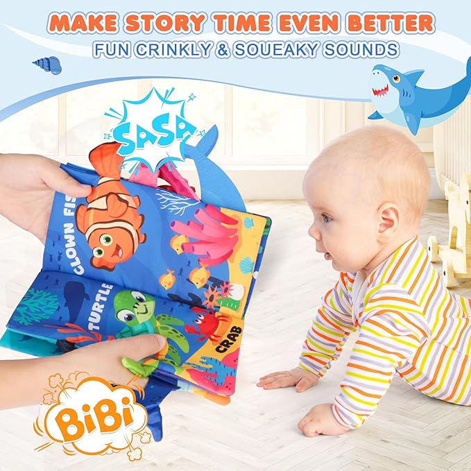 Soft Baby Book - Baby Toy - Newborn Boys Girls Shower Gift - Tummy Time Toy for Infant 0-6 6-12 Months - Touch and Feel Sensory Crinkle Book with Teether for Toddler