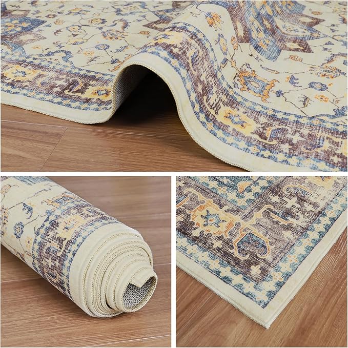 Dripex Vintage Washable Area Rug - 2x4 Indoor Door Mat Oriental Medallion Accent Throw Rug Distressed Foldable Non-Slip Low-Pile Bathroom Kitchen Rug for Entryway Laundry Room Living Room Bedroom