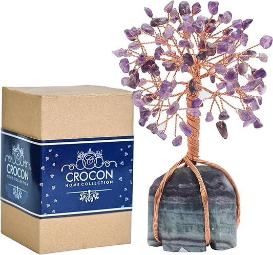 Amethyst Crystal Tree with Fluorite Rough Base Tree of Life Decor for Shelf, Bedroom, Birthday Gifts for Women, Sister Gifts, Birthday Gifts for Mom, Cute Home Decor Purple Decor Housewarming Present