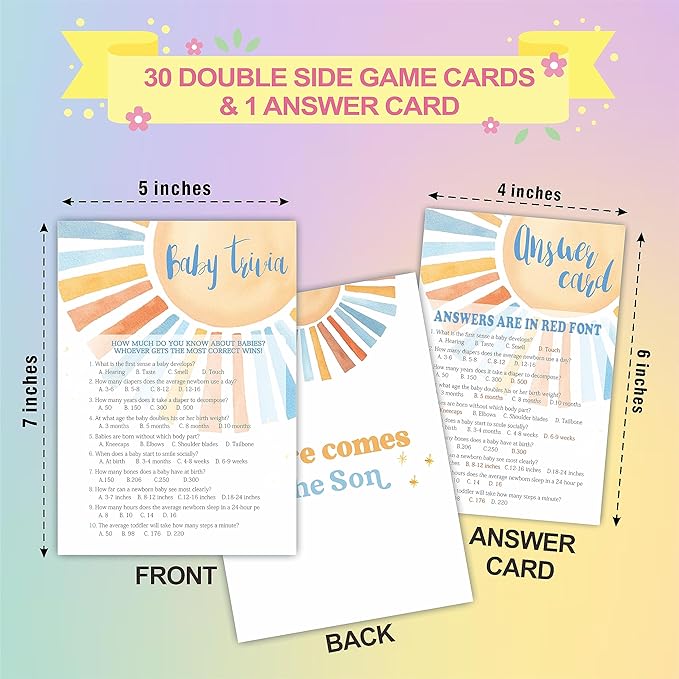 Baby Trivia Game Set - Retro Sunshine Theme Baby Shower Party Activities - Watercolor Sun Baby Shower Game Kit, Gender Reveal, Baby Announcement Party Favor & Supplies - A06