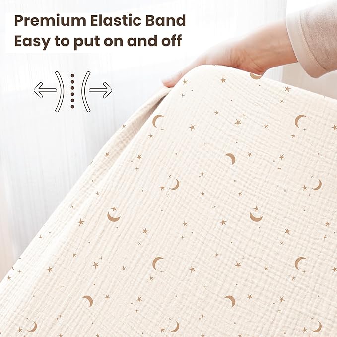 Konssy Muslin Crib Sheets for Boys, Soft Cotton Neutral Baby Sheets for Standard Crib Mattress 2 Pack, 52"x28" (Coffee Check,Moon)