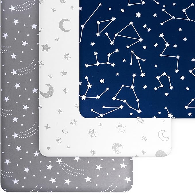Fitted Unisex Crib Sheets (3 Pack) by GROW WILD - Jersey Knit Cotton Crib Sheets for Boys or Girls, 52β x 28β x 9β Crib Bedding Set (Moon, Stars and Constellation)