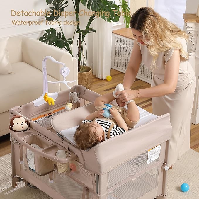5 in 1 Pack and Play, Portable Travel Baby Bassinet, Foldable Travel Playard Playpen for Toddler, Bedside Crib Sleeper, Diaper Changer Table, Baby Playard for Newborn (Champagne)