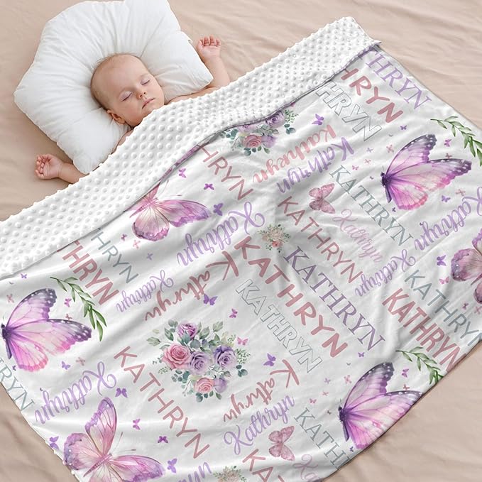 Personalized Baby Blanket for Girls Butterfly Custom Baby Blankets with Name Dotted Backing Customized Gifts for New Mom Customize Baby Blanket for Kids Newborn Birthday