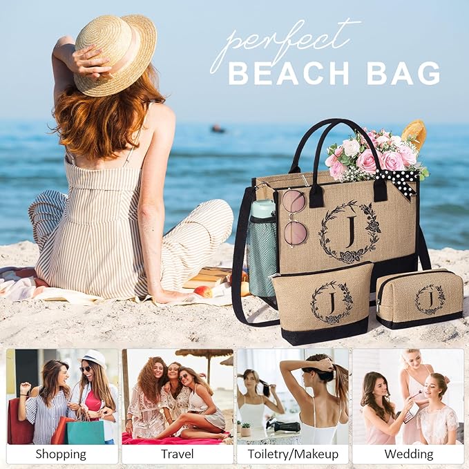 MAYICIVO Personalized Initial Jute Tote Bag & Makeup Bags Set, Large, Jute, Female, Adults, Women, Gift, Spring, Summer