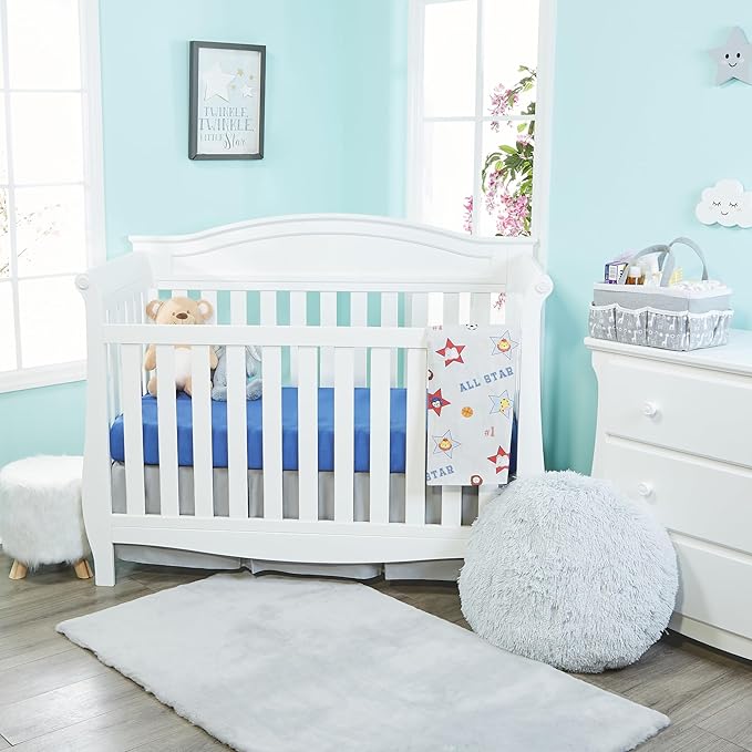EVERYDAY KIDS 2 Pack Fitted Boys Crib Sheet, 100% Soft Breathable Cotton Baby Sheet, Fits Standard Size Crib Mattress 28in x 52in, Nursery Sheet with Giraffe, Elephants Sports Theme and Solid Blue