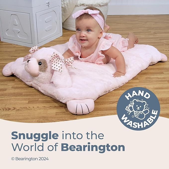 Bearington Baby Wiggles Tummy Time Mat, 30 x 23 Inch Pink Puppy Dog Plush Stuffed Animal Baby Mat Blanket - Puppy Blanket