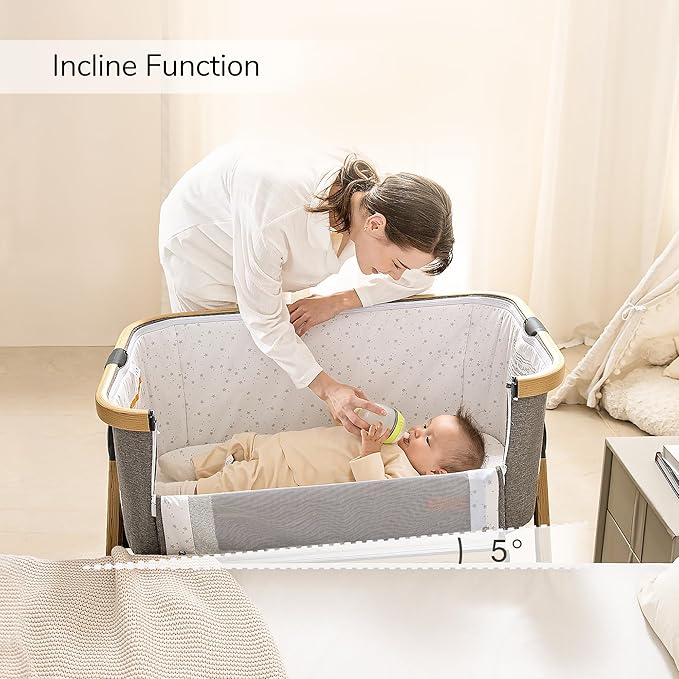 Maydolly Baby Bassinet & Bedside Sleeper, 3 in 1 Rocking Bassinet with Mattress & Sheet, Adjustable Height, Removable Breathable Cover, Easy Folding Infant Crib (Grey)