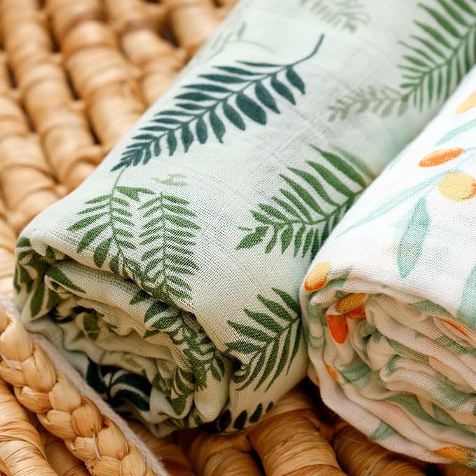 Muslin Swaddle Blankets for Baby Boys and Girls,3 Pack Breathable Soft Receiving Blanket,Large 43.3X 43.3 inches,Newborn Essentials Must Haves (Leaves)