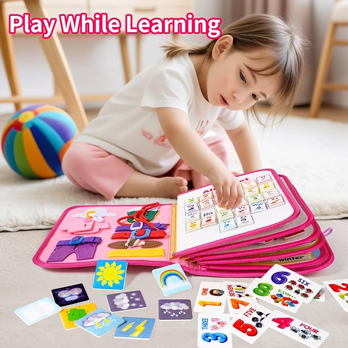 12-page Toddler Busy Board Montessori Toys for 1 2 3 4 Years Old, Busy Book for Toddlers 1-3 Girl Birthday Gift, 24 in 1 Activity Sensory Toys for Motor Skills, Travel Toy for Car Airplane (Pink)