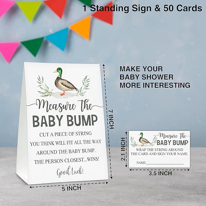 Measure the Baby Bump Baby Shower Game Set, 1 Standing Sign with 50 Guessing Cards, Mallard Duck Gender Reveal Party Decorations Supplies - B35