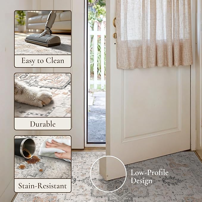 GENIMO 8FT Round Area Rugs for Living Room, Circle Rugs Machine Washable Low Pile, Chenille Non Slip Vintage Rug for Bedroom, Dining Room, Home Office, Light Taupe Brown
