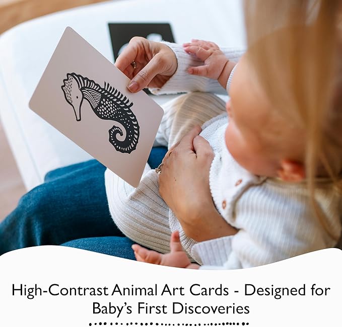 Wee Gallery Art Cards for Baby, Durable High Contrast Black and White Animal Flashcards for Newborns, Brain Development,Tummy Time Essentials for Infant and Toddler - Black and White Animals