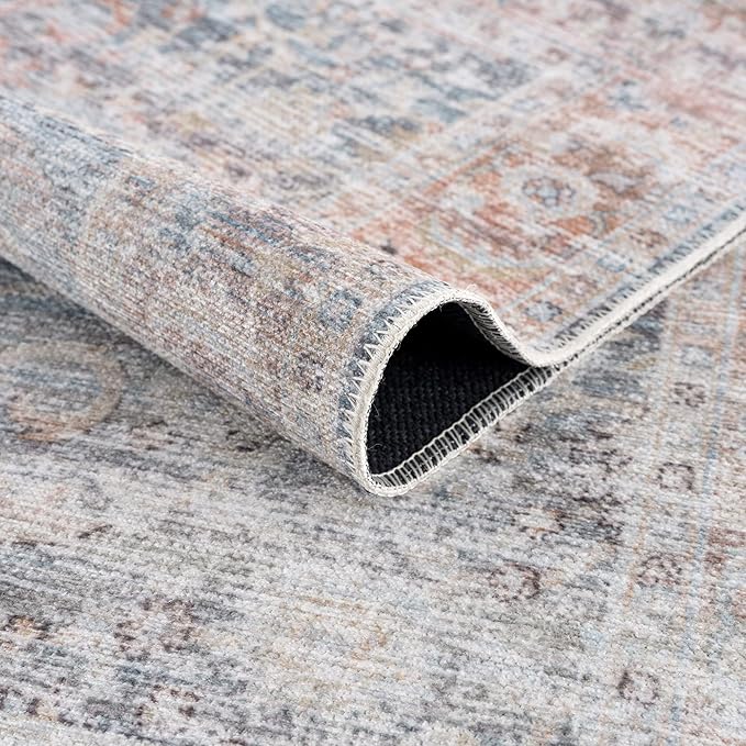 Bloom Rugs Caria Washable Non-Slip 12 ft Runner - Ocean Blue/Brick Traditional Runner for Entryway, Hallway, Bathroom, and Kitchen - Exact Size: 2'6" x 12'