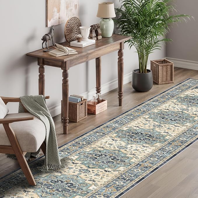 Dripex Hallway Runner Rug 2x10, Washable Rug Kitchen Rug Non Slip with Rubber Backing Soft Thin Vintage Carpet Runner for Entryway Bedroom Bathroom Laundry Room Living Room Decor, Teal Multi