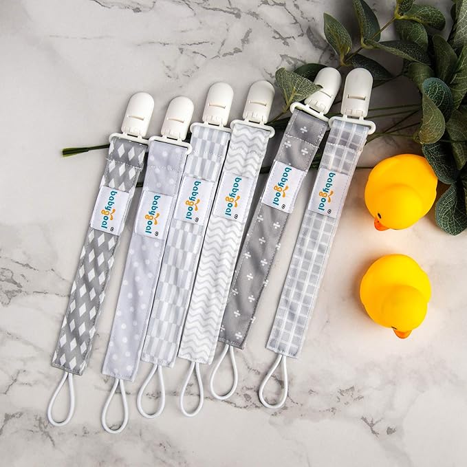 Babygoal Neutral Grey Pacifier Clips, 6 Pack Binky Paci Holder Clip and Leash for Babies Boys and Girls Fits for Most Pacifier, Binkie Styles & Baby Teethers & Toys and Gift 6PS09
