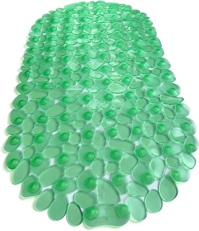 “Pebbles” Non-Slip Bathtub & Shower Mat 27”x14” Oval - Non-Toxic - Safe, Clean, Machine-Washable, Superior Grip & Drainage, Vinyl, for Smooth Floors ONLY, Transparent Light Green