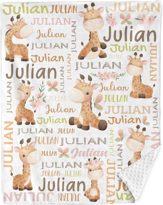 Personalized Baby Blanket for Girls Boys Giraffe Custom Baby Blankets with Name Dotted Backing Customized Gifts for New Mom Customize Baby Blanket for Kids Newborn Birthday