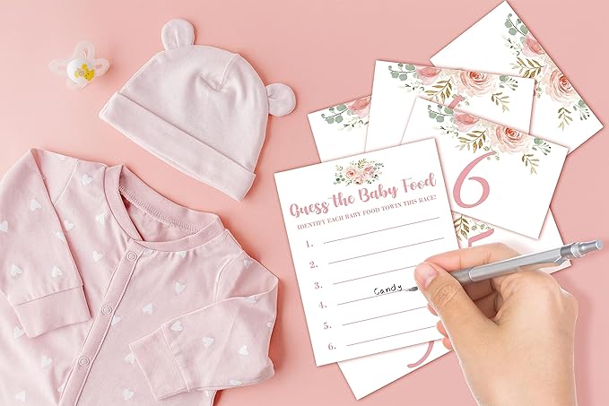 Baby Shower Game Set, Find The Baby Food Party Games(1 Standing Sign + 20 Answer Cards + 6 Number Cards), Floral Shower Games, Blush Pink Gender Reveal Party Favor Decor(A02)