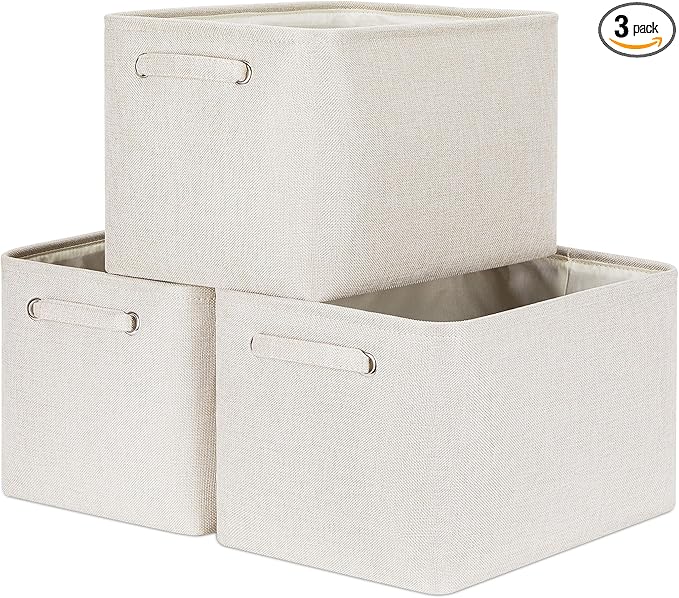 HNZIGE Large Fabric Storage Baskets for Storage 3 Pack Shelf Closet Storage Bins Baskets for Organizing Linen Cloth Decorative Baskets Organizers Home Nursery Toy Cream 15“ x 11” x 9“
