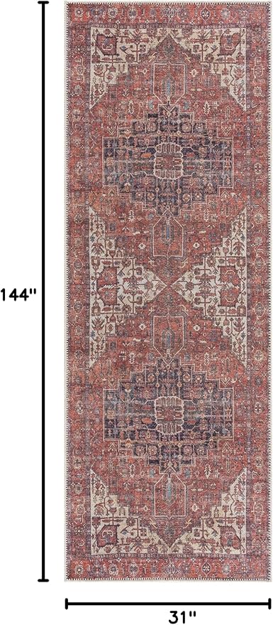 Bloom Rugs Washable 12 ft Runner - Red/Orange/Beige Traditional Runner for Entryway, Hallway, Bathroom, and Kitchen - Exact Size: 2.5' x 12'