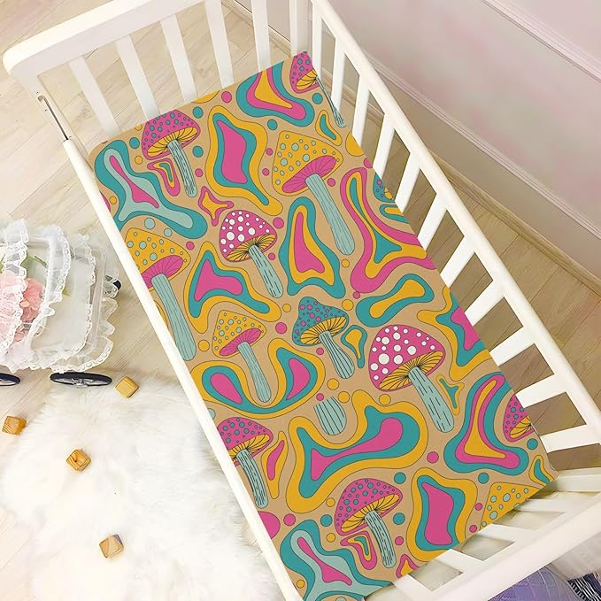 Colorful Mushroom Crib Sheets for Neutral Bassinet Play Sheets,Sheets Toddler Bed Sheets for Baby Boys Girs 39 * 27 * 5in