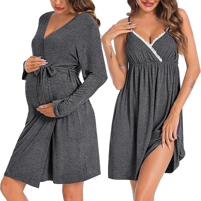 SWOMOG Womens Maternity Robe 2 Piece Nursing Nightgown for Breastfeeding 3 in 1 Labor Delivery Nursing Dress Lace Bathrobe