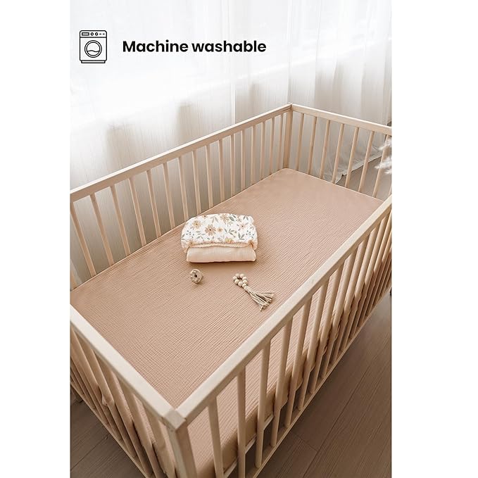Konssy Muslin Crib Sheets 2 PCS 100% Cotton Baby Crib Sheets for Standard Crib Mattress (28" x 52"), Soft and Breathable for Boys, Girls (Toffee, Flourish)