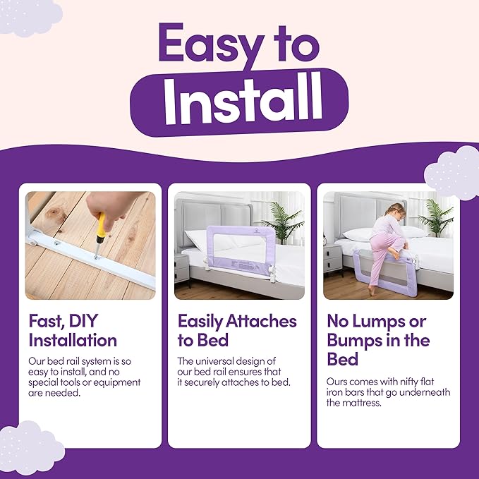 ComfyBumpy 1-Pack Bed Rail for Toddlers 35.5" L x 19.5" H | Toddler Bed Rails for Twin, Full & Toddler Bed Size | Swing Down Bed Rail Guard | Baby Bed Side Rail for Kids | Purple