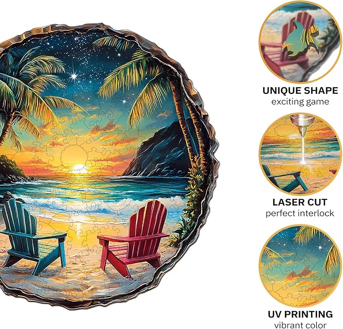 Jigfoxy Wooden Puzzle for Adults, Sunset Beach Wooden Jigsaw Puzzles for Adults, Unique Animal Shape Wood Cut Puzzles for Family Friend Puzzle Lovers(S-8.5 * 8.4in-100pcs)