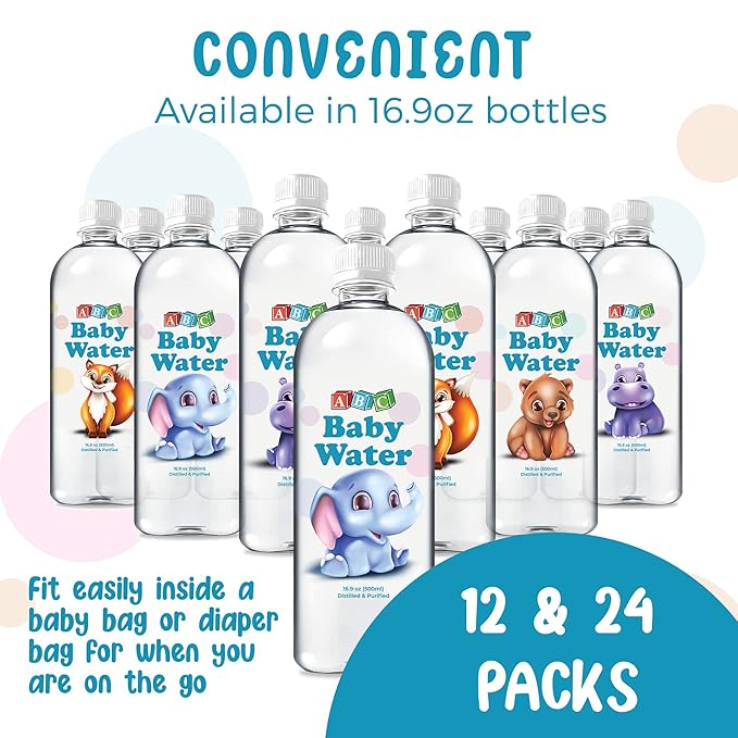 ABC Baby Water Premium Distilled Water for Babies - Healthy Purified 16.9 oz Bottles - Formula, Cereal, Milk, Daily Drinking - 12 Pack