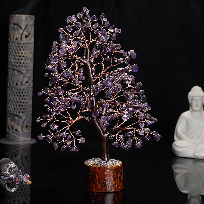 Crocon Amethyst Gemstone Tree Feng Shui Figurine Money Bonsai Chakra Balancing Good Luck Reiki Healing Crystals Decoration Ornament Sculpture Prosperity Table Decor Gift Size 10-12"