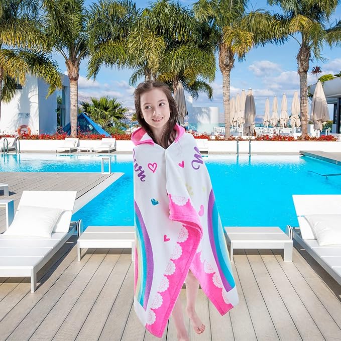 VOOVA & MOVAS Kids Towels with Hood Age 3-10, 30''X50, Soft | Thick | 100% Cotton | Absorbent | Large Wrap| Cover Up, Perfect for Beach, Pool, Bath, Swim, White Magic Unicorn