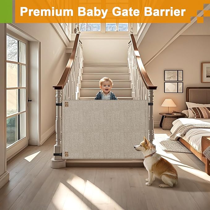 Baby Fabric Gate for Stairs Banisters - Dog and Pet Safety Barrier Gates for Stairway - No Drill Banister to Banister Baby Kids Gates for Stairs (Apricot, Wide 55" to 65" Height 34")