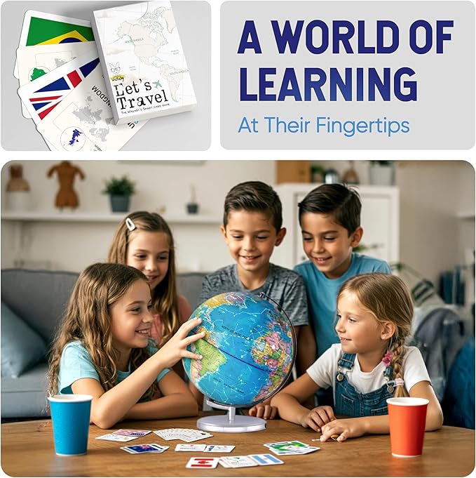 9" Illuminated Educational Kids World Globe + STEM Flags & Countries Interactive Card Game. 3 in 1 Children Desktop Spinning Earth Political & Constellation Maps, LED Night Light Lamp