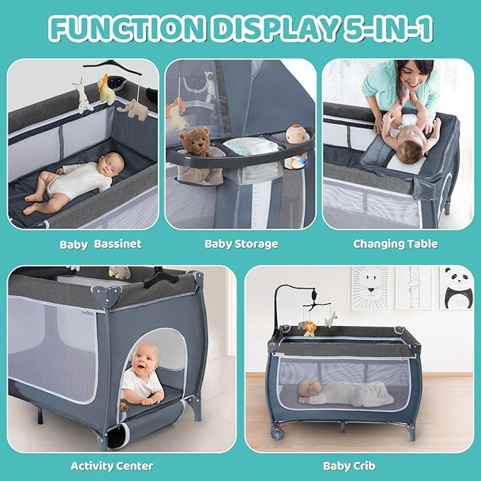 SIMPLGIRL Bedside Bassinet for Baby, 4 in 1 Pack n Play Bassinet Bedside Sleeper Baby Crib with Mosquito Net,Toys & Music Box, Mattress, Foldable Playard for Newborn to Toddles