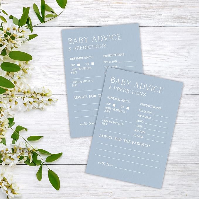 30 Minimalism Baby Shower Game Cards - Mist Blue - Baby Prediction & Advice - Fill In Style Game Set, Party Favor, Gender Reveal, Baby Announcement - A01